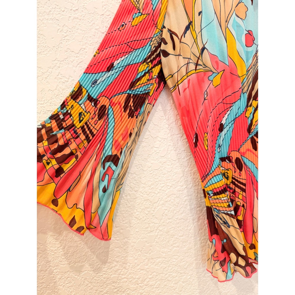 Nicola Women Butterfly‎ Print Plisse Pleated Blouse Pink Blue Y2K Bell Sleeve L - Picture 4 of 12